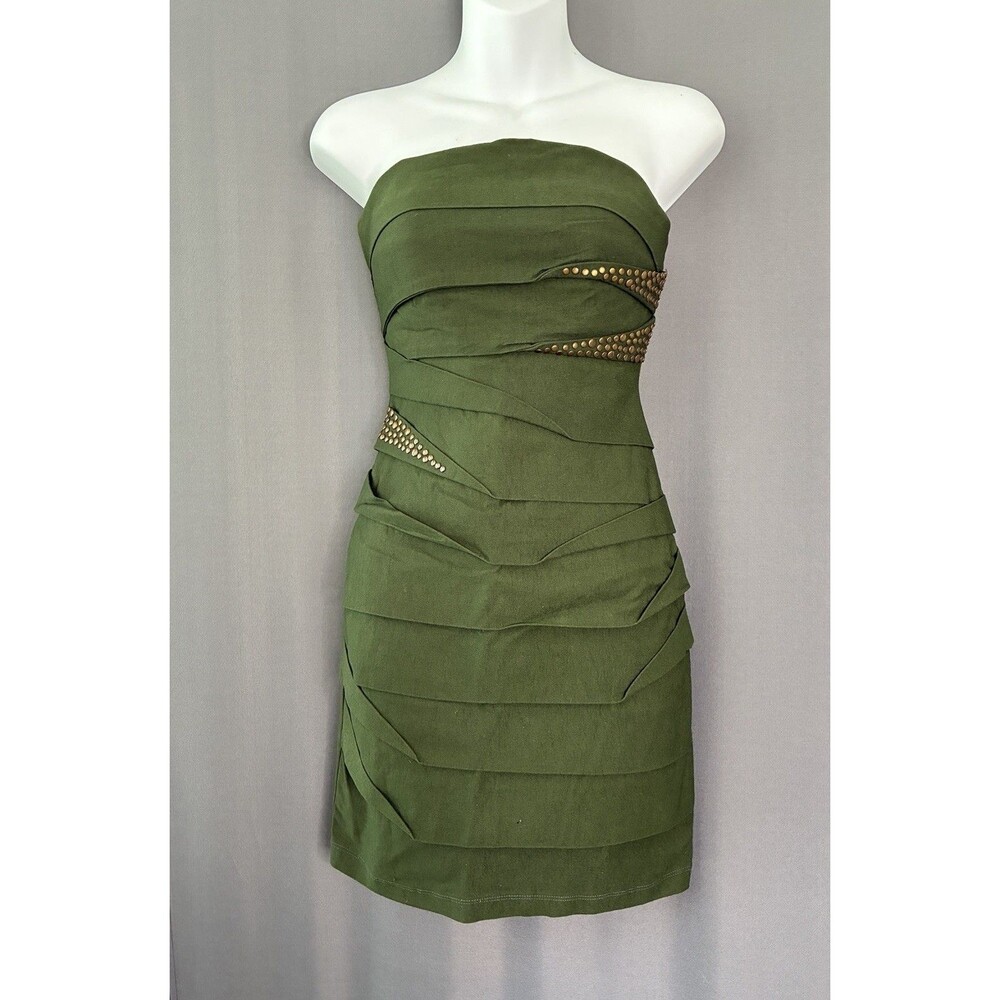 Y2K Jodi Kristopher Strapless Mini Bodycon Dress Sz 3 Olive Green Gold Studded